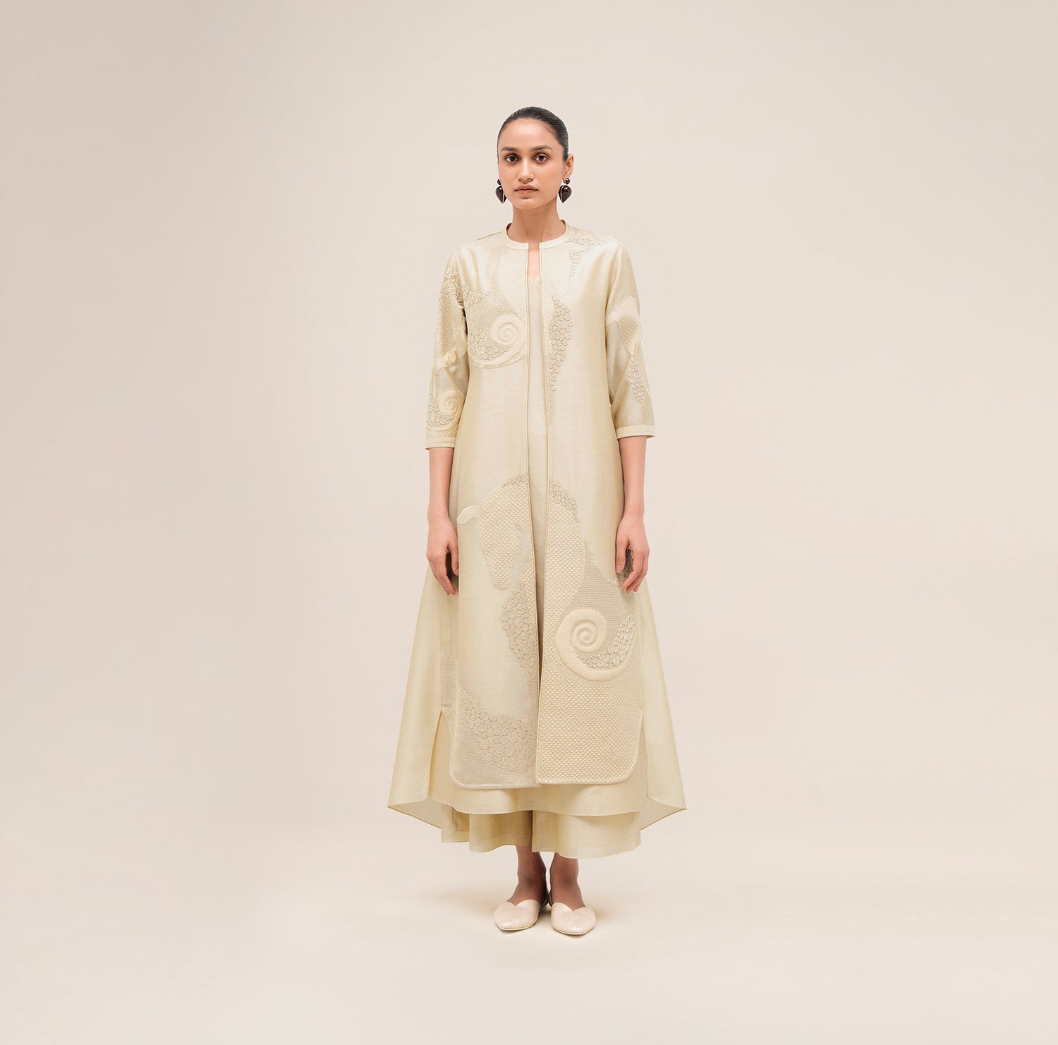  Chanderi Rida Jacket Set – Beige