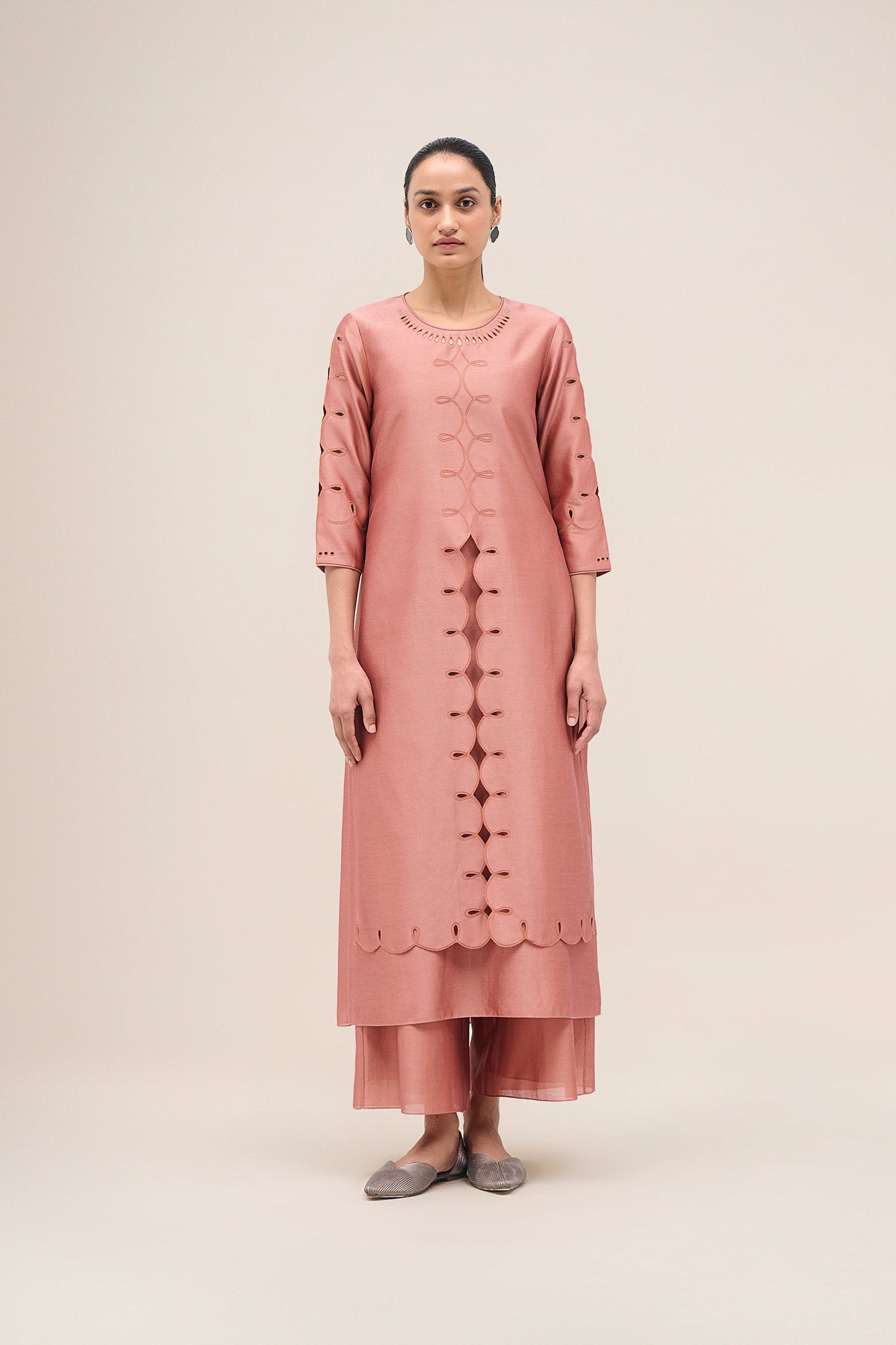  Chanderi Svara Kurta Set – Pink